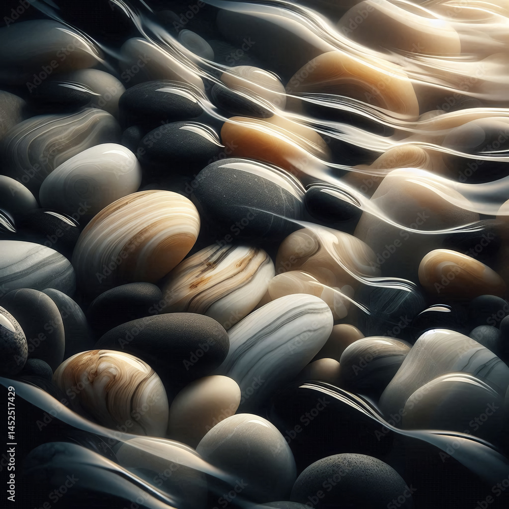 Obraz premium smooth river stones submerged beneath the flowing ripples of the water.