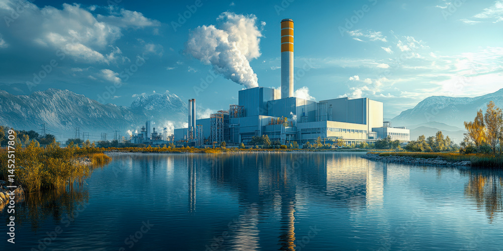 Industrial complex nestled beside tranquil lake against backdrop of mountains and blue sky on a clear day Industrial complex nestled beside tranquil lake against backdrop of mountains and blue sky on a clear day