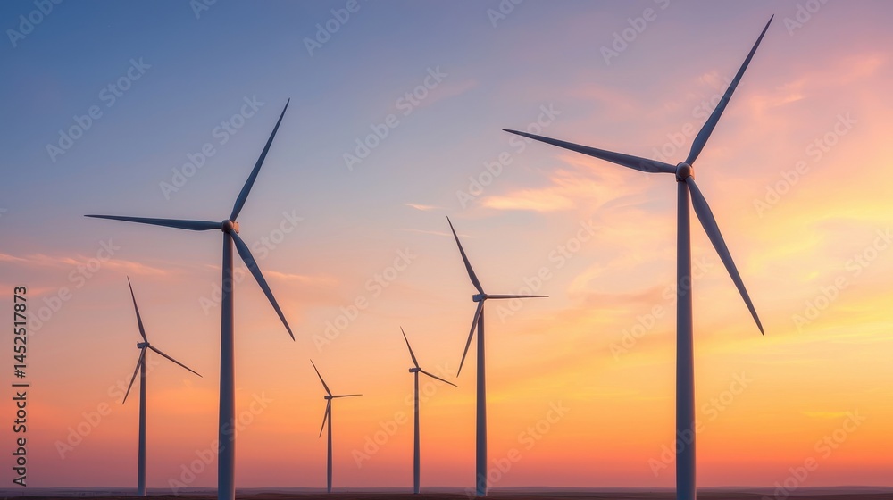 Wind Turbines at Sunset with Vibrant Sky and Renewable Energy Focus Wind Turbines at Sunset with Vibrant Sky and Renewable Energy Focus