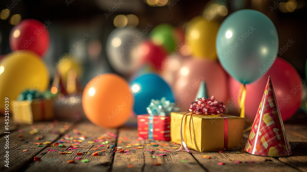 A festive scene with balloons gifts and party hats on a wooden surface filled with confetti pieces A festive scene with balloons gifts and party hats on a wooden surface filled with confetti pieces