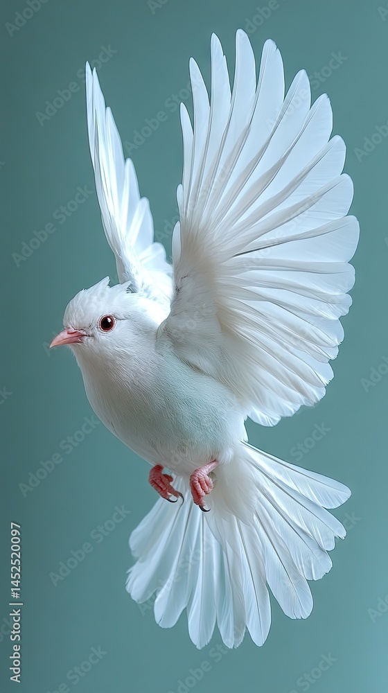 Fototapeta premium White dove in flight. Beautiful bird with open wings, poised in midair. Turquoise background