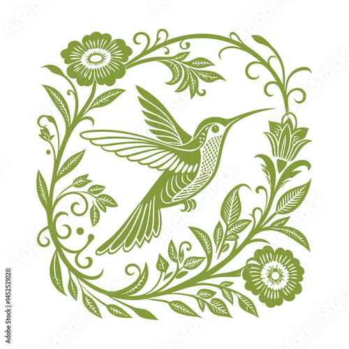abstract floral background with birds, hummingbird flying