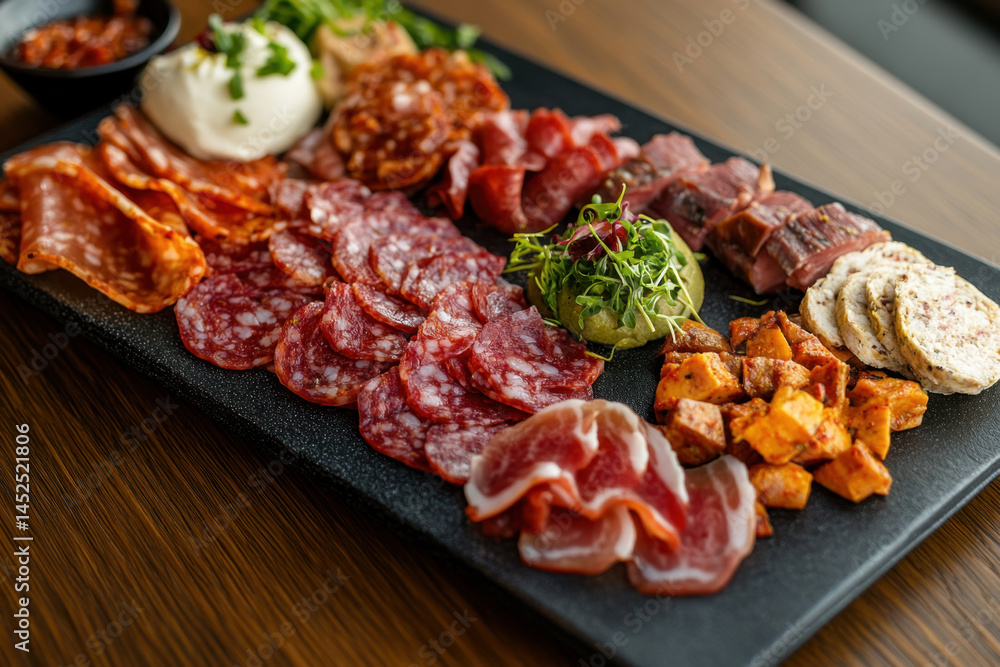 Plate of assorted meat and cheese on table. Plate of assorted meat and cheese on table.