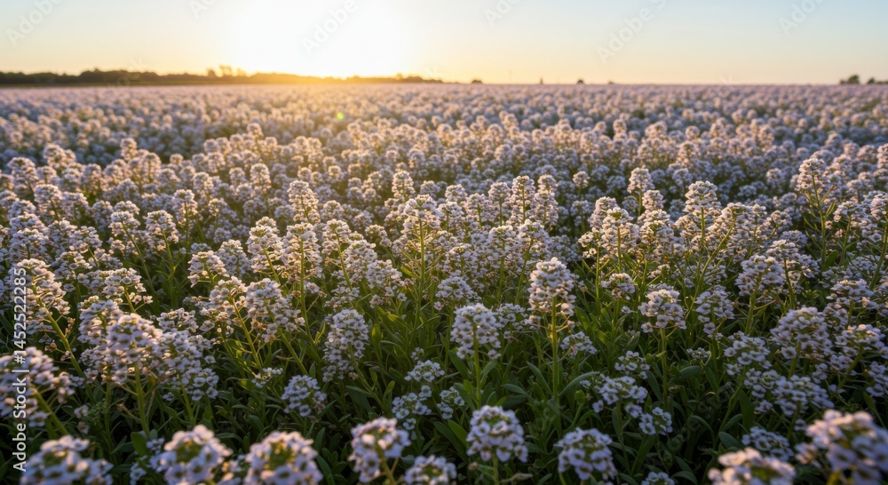 Fototapeta premium White Flowers Field at Sunset