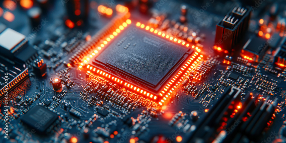 Advanced photorealistic rendering of a computer chip on a circuit board illuminated by orange lights Advanced photorealistic rendering of a computer chip on a circuit board illuminated by orange lights