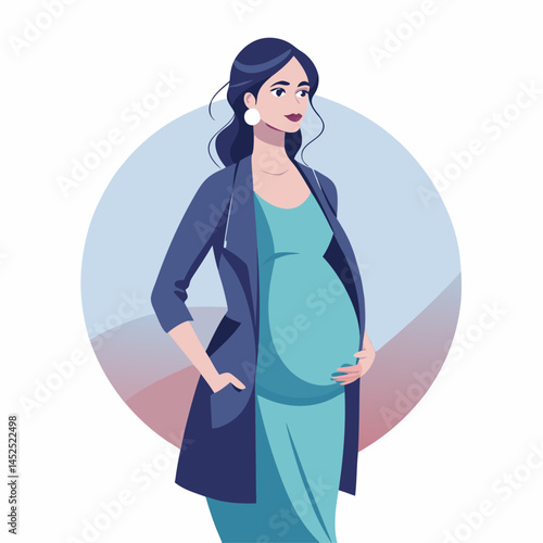 A woman is standing in front of two other women. One of the women is pregnant. The woman in the yellow dress is the pregnant woman