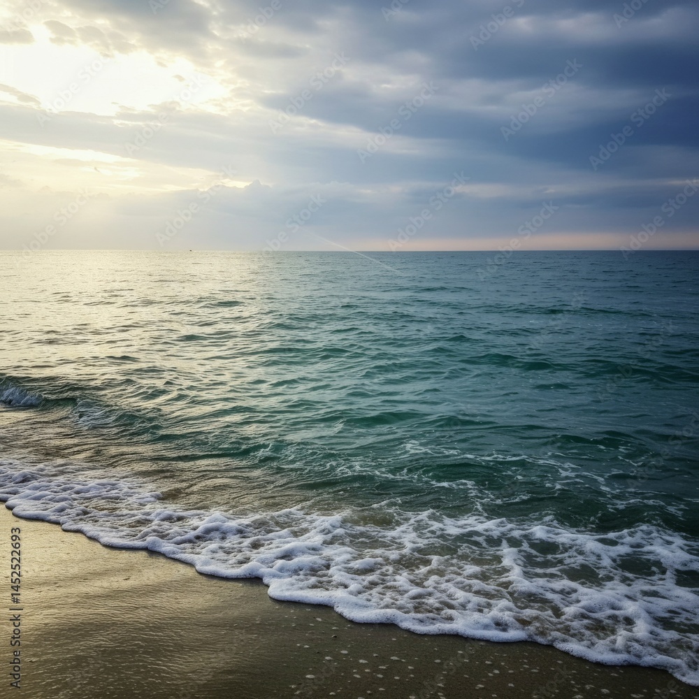Serene Ocean Sunset: Blue Green Water Meets Sandy Beach Serene Ocean Sunset: Blue Green Water Meets Sandy Beach
