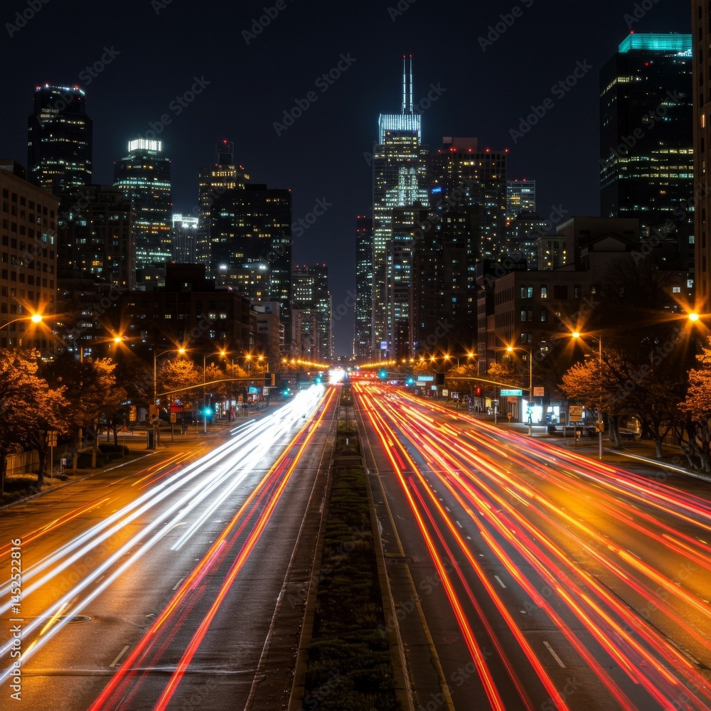 Fototapeta premium Night City Traffic with Bright Lights and Skyscrapers