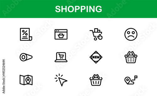 Trendy Shopping Symbols Collection. Stylish Retail, E-Commerce, and Market-Themed Vector Illustrations for Websites, Apps, and Digital Stores. Premium Shopping line icons.