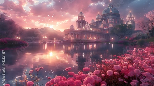 Majestic fantasy palace with glowing domes high resolution photo