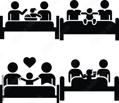 Family bedtime routine pictogram set in black and white