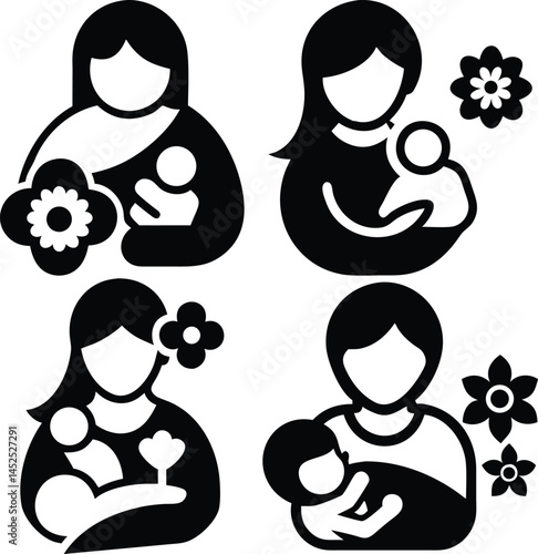 Mother and child icon set black and white mothers day theme graphic elements for family and childhood design projects