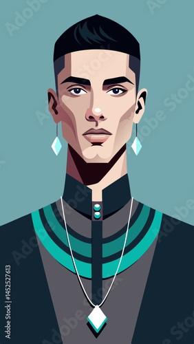 A man with a blue shirt and black jacket is wearing earrings and a necklace. He has a serious expression on his face
