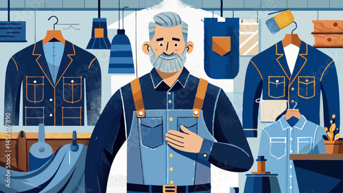 A man in a blue apron stands in front of a rack of clothes. He is smiling and he is proud of his work. The clothes on the rack are neatly hung and arranged, giving the impression of a well-organized