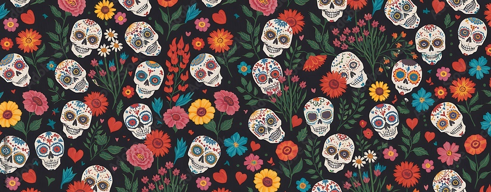 Colorful Day of the Dead Sugar Skulls Pattern with Traditional Mexican Floral Elements Vibrant Dia de los Muertos Seamless Print Featuring Calaveras Hearts and Festive Flowers on a Black Background Colorful Day of the Dead Sugar Skulls Pattern with Traditional Mexican Floral Elements Vibrant Dia de los Muertos Seamless Print Featuring Calaveras Hearts and Festive Flowers on a Black Background