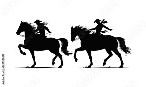 Silhouette of Two Cowgirls Riding Horses at Sunset