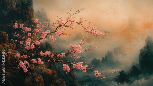 Cherry blossoms bloom on misty mountain cliffs at sunrise