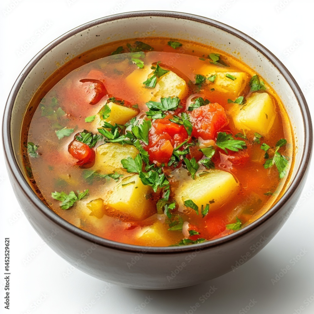 Bowl of vegetable soup with potatoes and tomatoes isolated on white background Bowl of vegetable soup with potatoes and tomatoes isolated on white background
