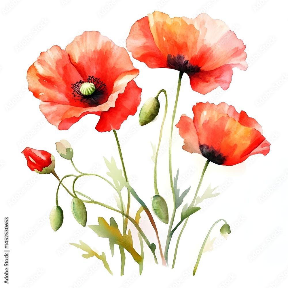 Obraz premium Vibrant red poppies in watercolor style capturing the beauty of nature during springtime