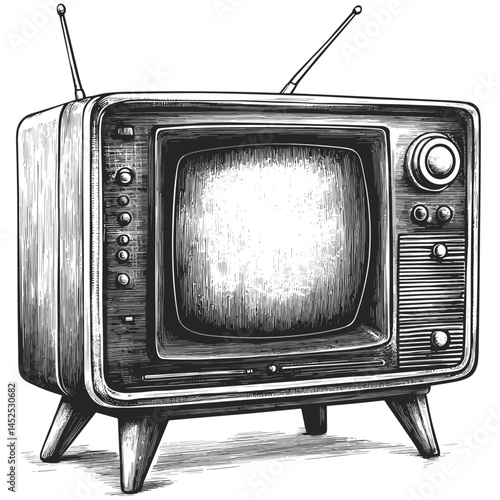 Vintage TV vector, hand drawn retro television set, black sketch, old engraving look, woodcut illustration, antique tech, 1980s tv, retro appliance art, classic tv sketch, analog tv art