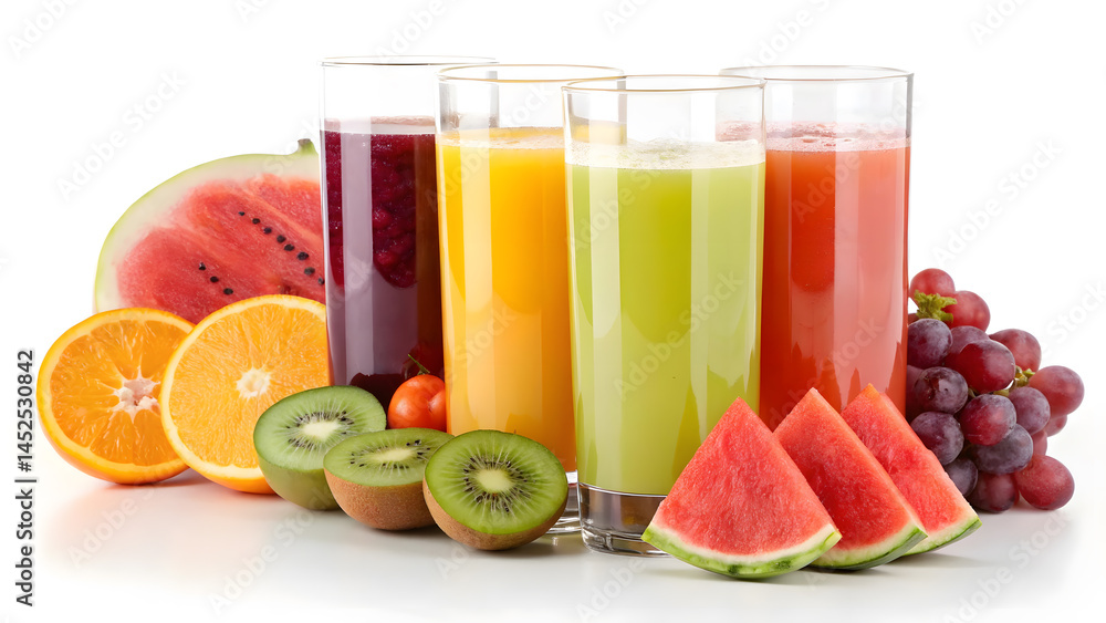 Fototapeta premium Colorful Fruit Juices with Fresh Kiwi, Watermelon, and Citrus
