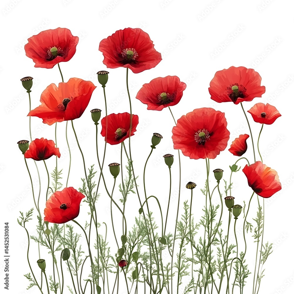 Obraz premium Vibrant red poppy flowers blooming in a sunny garden during springtime with green stems and leaves adding contrast to the bright petals