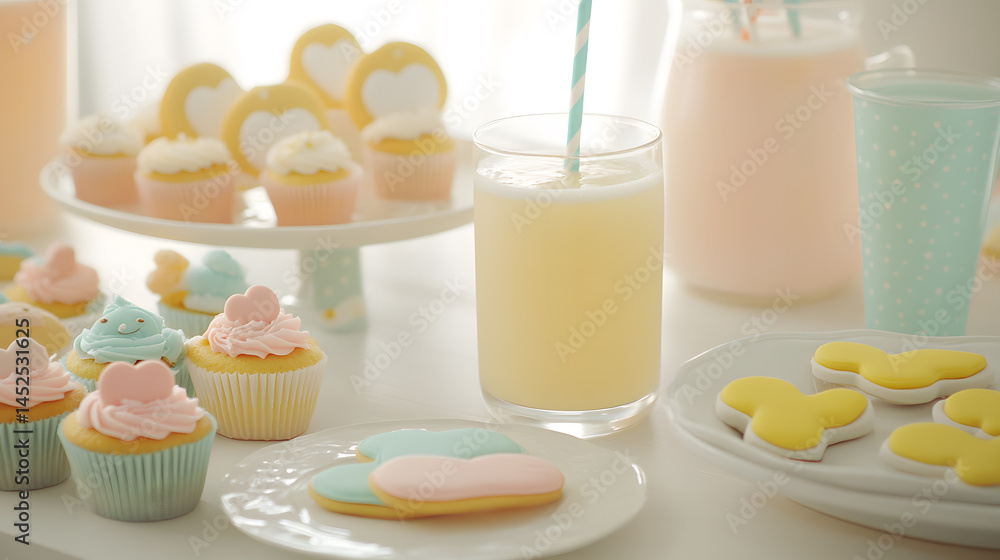 Pastel-colored cupcakes, cookies, and a refreshing drink grace a table, creating a charming and sweet scene perfect for a party or celebration. Delicate decorations add to the festive atmosphere. Pastel-colored cupcakes, cookies, and a refreshing drink grace a table, creating a charming and sweet scene perfect for a party or celebration. Delicate decorations add to the festive atmosphere.