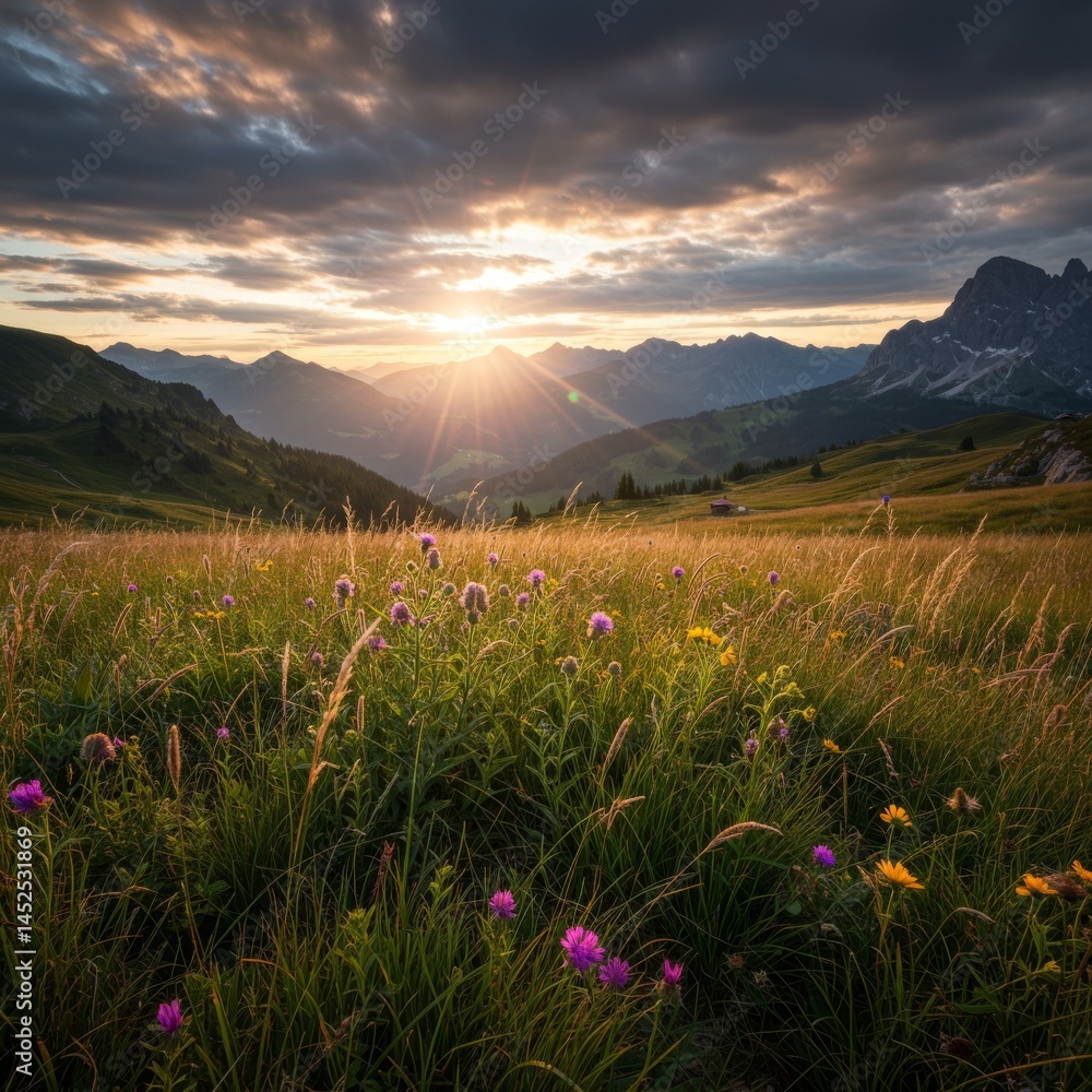 Obraz premium Vibrant Sunset Over Alpine Meadow with Wildflowers