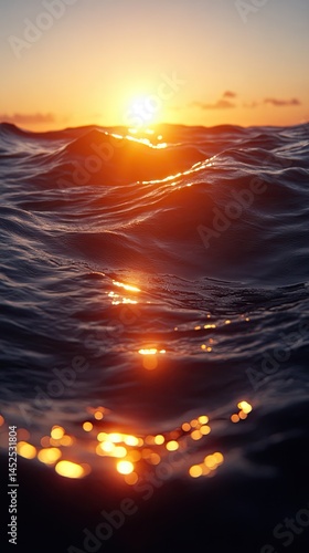 Ocean waves gleam at sunset, water reflecting bright light in a beautiful natural scene