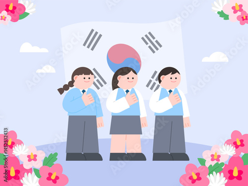 한국의 현충일 호국보훈의 달 태극기 앞에서 경례하는 학생 일러스트
