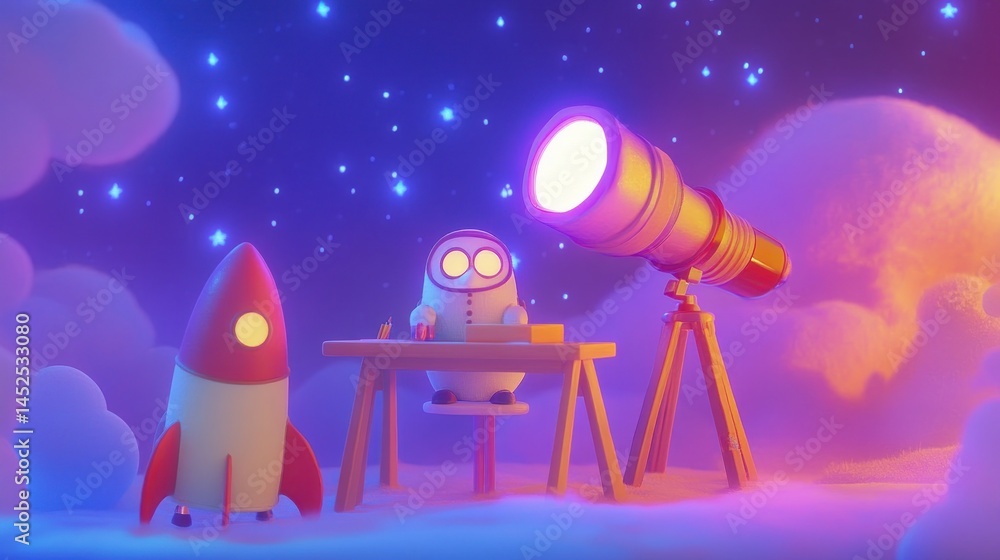 Obraz premium Cute astronaut observing the night sky with a telescope and rocket