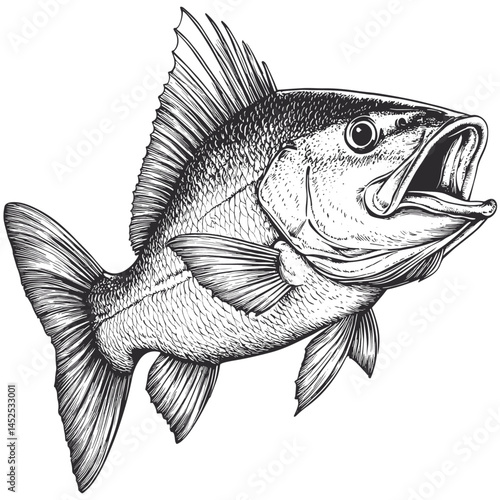 Sea bass fish hand drawn illustration, old engraving style sketch, vintage etching vector, woodcut black ink artwork, traditional marine life drawing, seafood line art print,