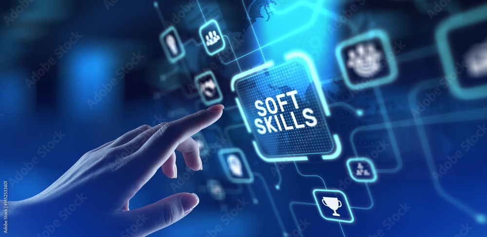 Fototapeta premium Soft Skills Enhancing Communication and Interpersonal Effectiveness, projection on a virtual screen, Business and Technology Concept.