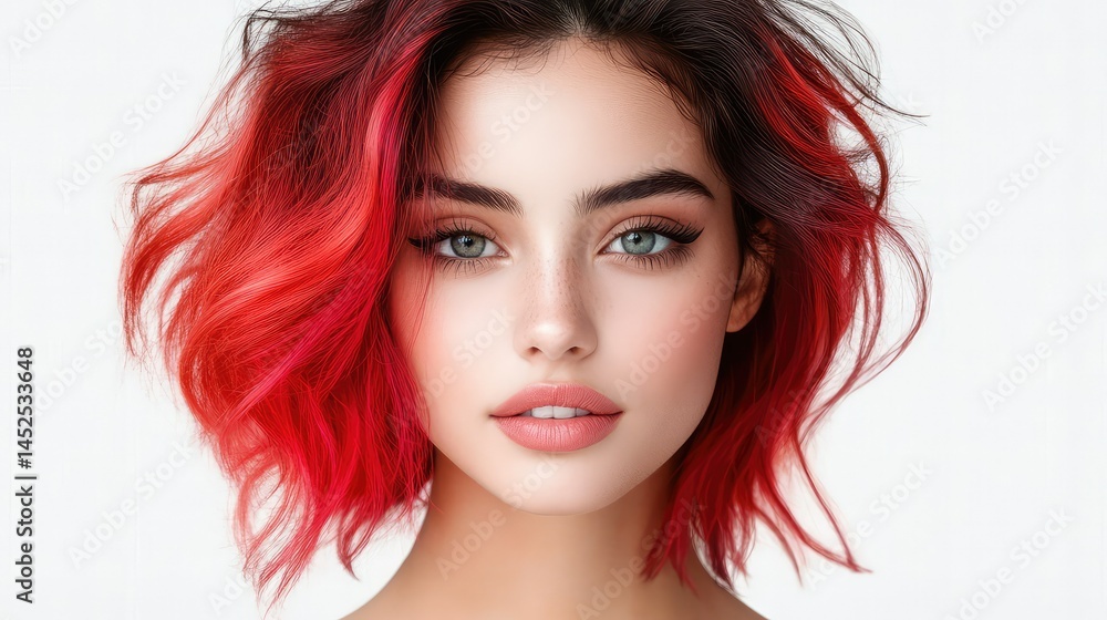 Fototapeta premium Female model with bold two-tone hair and neutral expression, isolated cleanly on transparent or white PNG