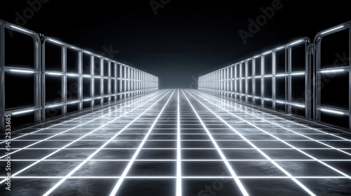 Digital secure gate access Futuristic pathway with glowing grid and railing in a dark setting.