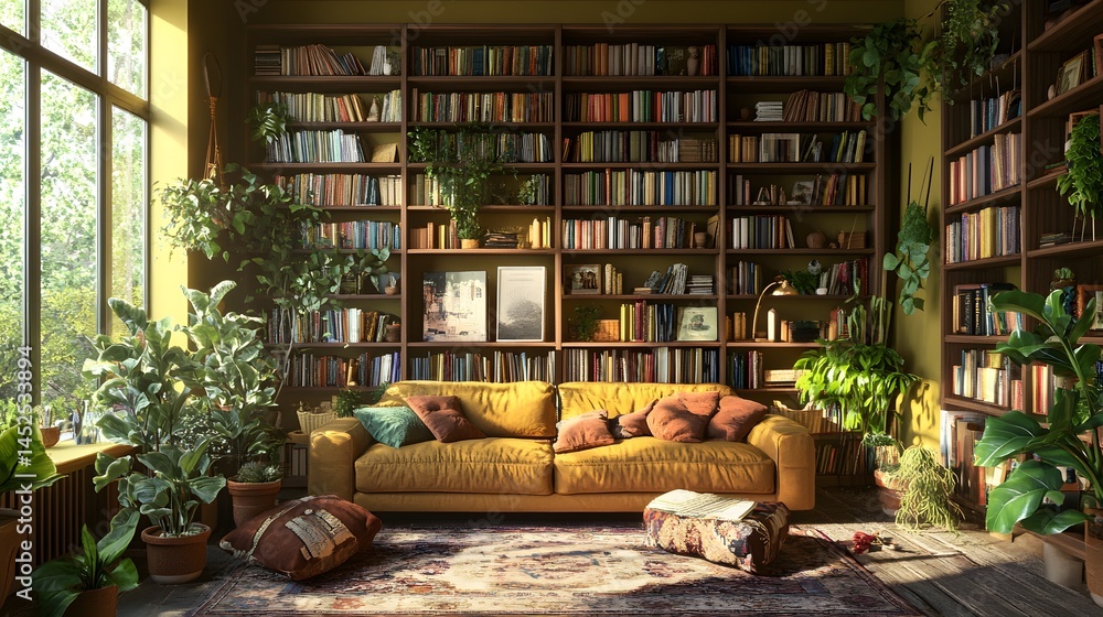 3D render of a warmly lit, lush living room filled with bookshelves, a large sofa, and abundant plants. 3D render of a warmly lit, lush living room filled with bookshelves, a large sofa, and abundant plants.