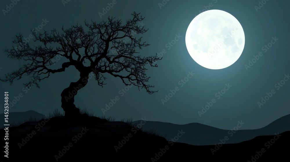 Naklejka premium Silhouetted tree under a full moon at night