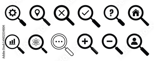 Search icon set, Magnifying glass with user, home, setting, checkmark, zoom In and out, location, chart, chat icons for web and UI Design, Vector illustration