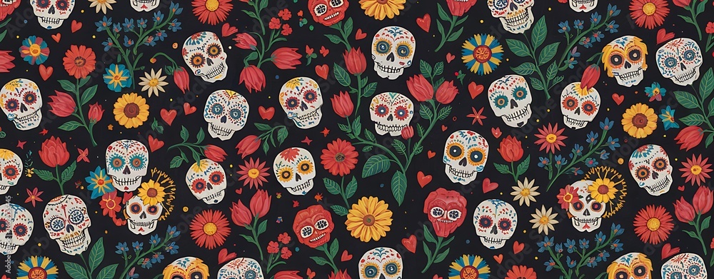 Colorful Day of the Dead Sugar Skulls Pattern with Traditional Mexican Floral Elements Vibrant Dia de los Muertos Seamless Print Featuring Calaveras Hearts and Festive Flowers on a Black Background Colorful Day of the Dead Sugar Skulls Pattern with Traditional Mexican Floral Elements Vibrant Dia de los Muertos Seamless Print Featuring Calaveras Hearts and Festive Flowers on a Black Background