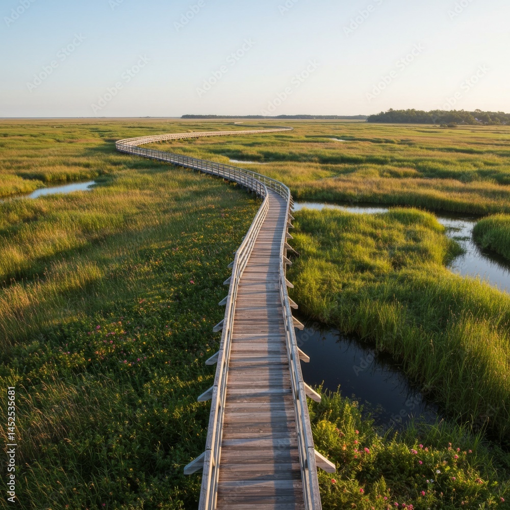 Fototapeta premium Elevated View of Wooden Walkway Through Lush Green Marsh