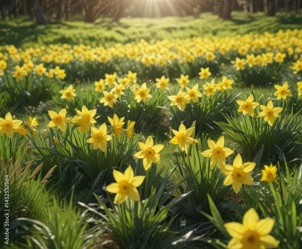 Obraz premium Bright daffodils in a lush green meadow bathed in sunlight , outdoor, bloom