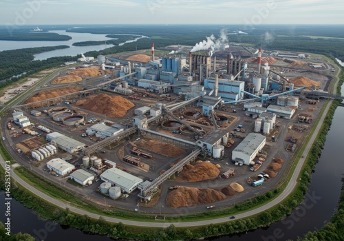 Aerial View of a Large Industrial Wood Processing Factory