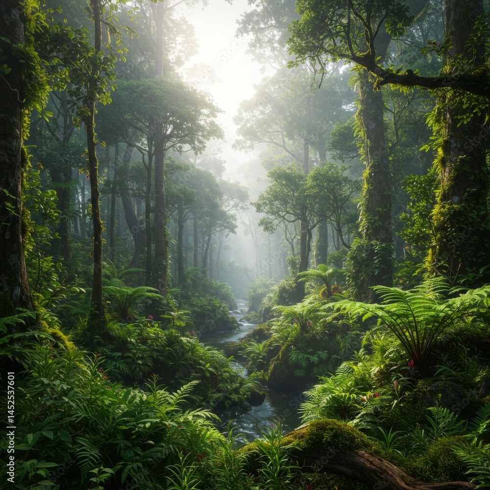 Obraz premium Misty Green Forest Path with Sunlight and Lush Vegetation