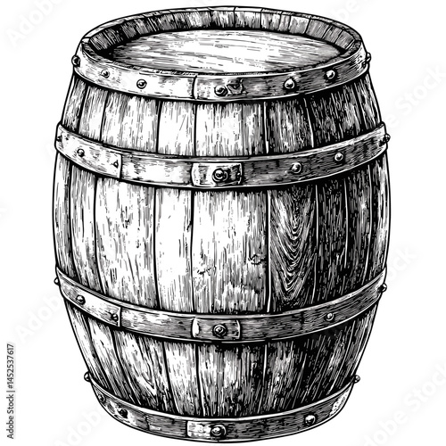 Vintage woodcut barrel sketch, hand drawn wine, bourbon, whisky, rum, beer illustration, old engraving style, black vector art, rustic alcohol barrel clipart, brewery design,