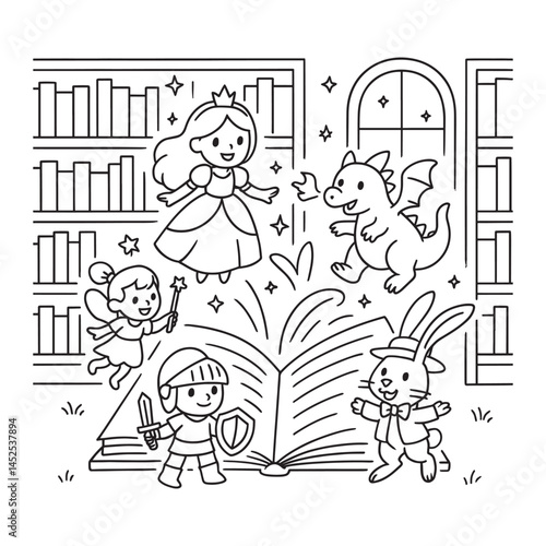 Enchanting Book World Princess Dragon Knight and Bunny in Library Coloring Page