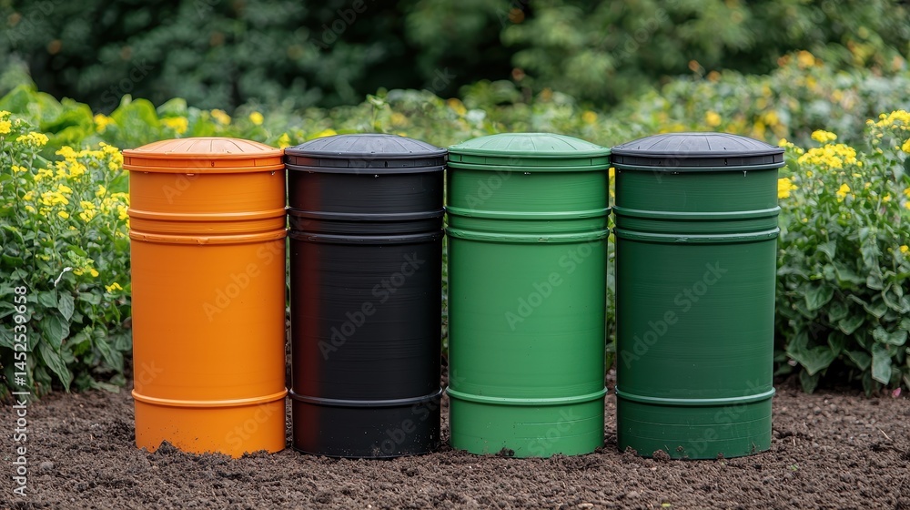 Colorful Trash Bins in a Garden Setting with Vibrant Flowers Colorful Trash Bins in a Garden Setting with Vibrant Flowers