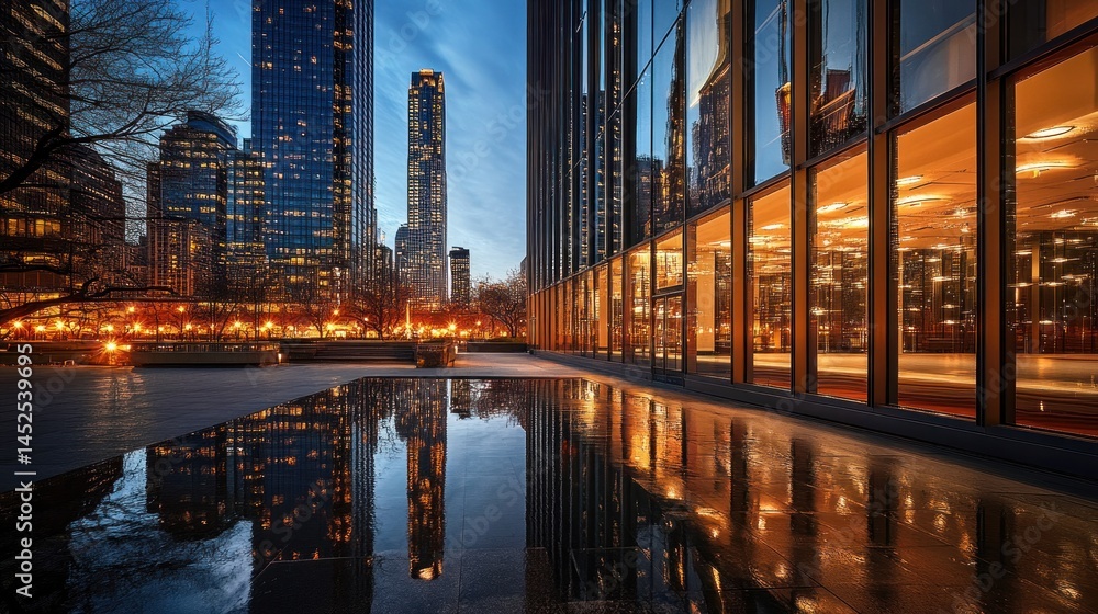 Naklejka premium Urban cityscape at dawn, reflections in a tranquil pool. Modern architecture, city park, tranquil water, illuminated buildings, early morning light