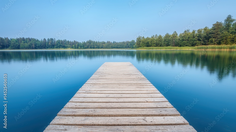 Tranquil Dock on Calm Lake Surrounded by Lush Greenery Tranquil Dock on Calm Lake Surrounded by Lush Greenery