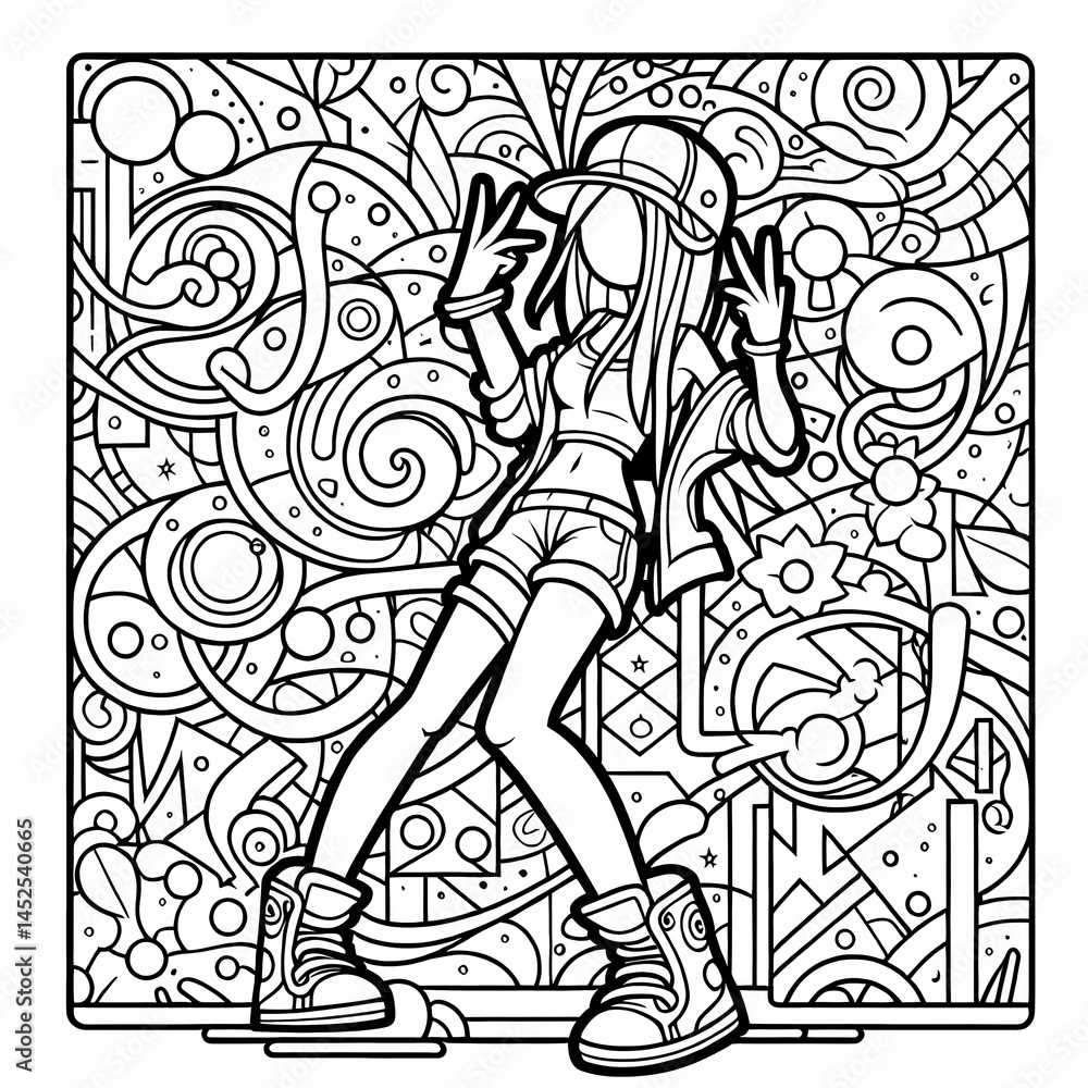 Fototapeta premium Stylish Line Art of a Trendy Girl in Urban Background