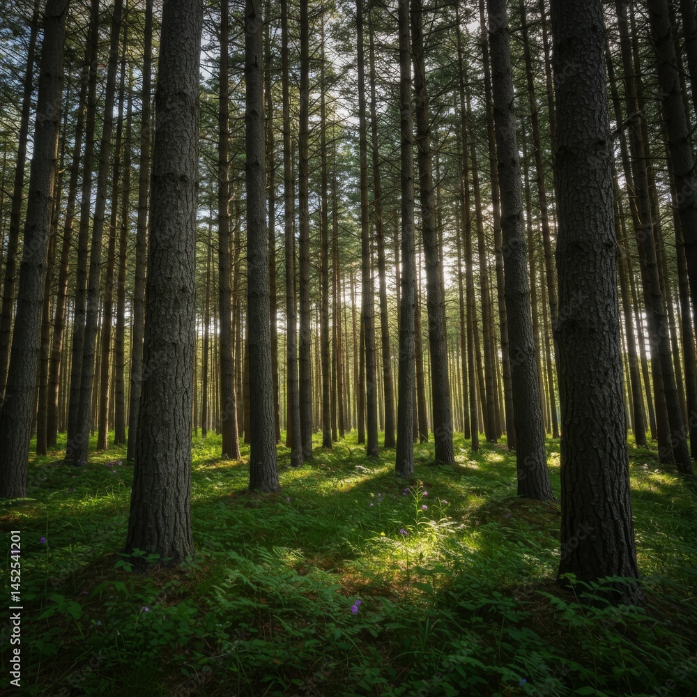 Fototapeta premium Sunlit Pine Forest with Lush Green Undergrowth
